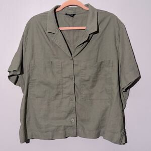 Buffalo, Linen viscose button up army green crop shirt, women's XXL